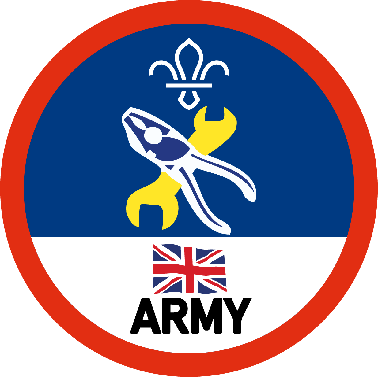 A blue badge with a wrench and the Army logo