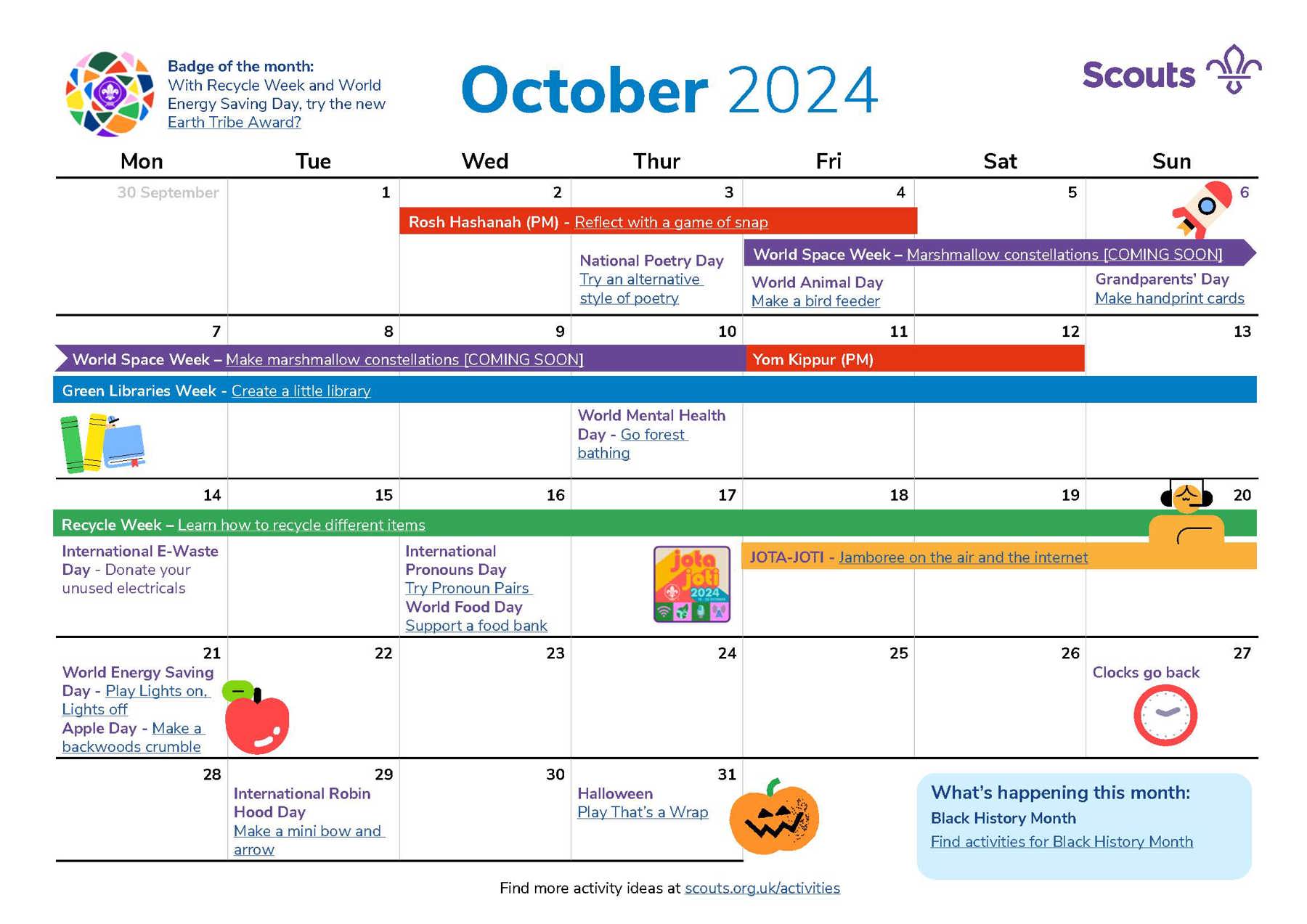 Illustrated calendar for October 2024 in grid format