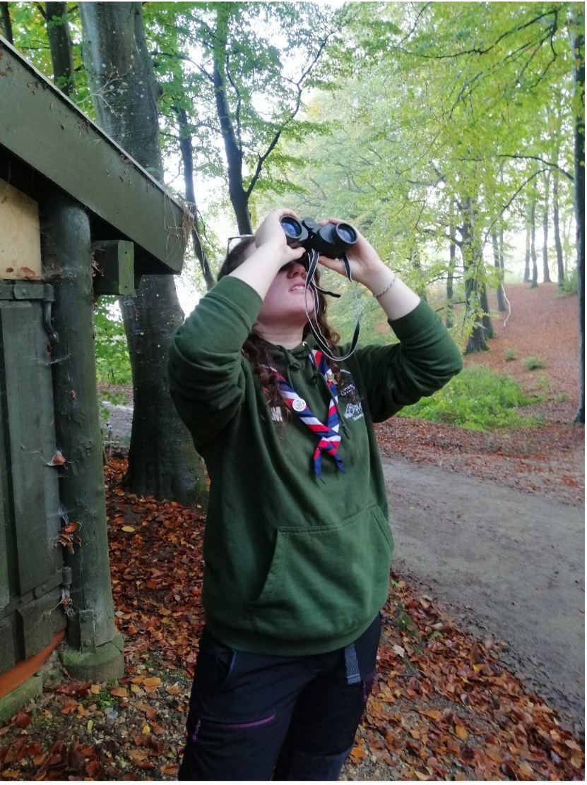 UK Rep Pool member Alice is outside, standing on brown leaves. There are green trees behind her and a tarmac path or road to her right. She's wearing navy trousers, a green hoodie and a red, white and navy necker. She's holding a pair of binoculars to her eyes and is looking up at the sky. 
