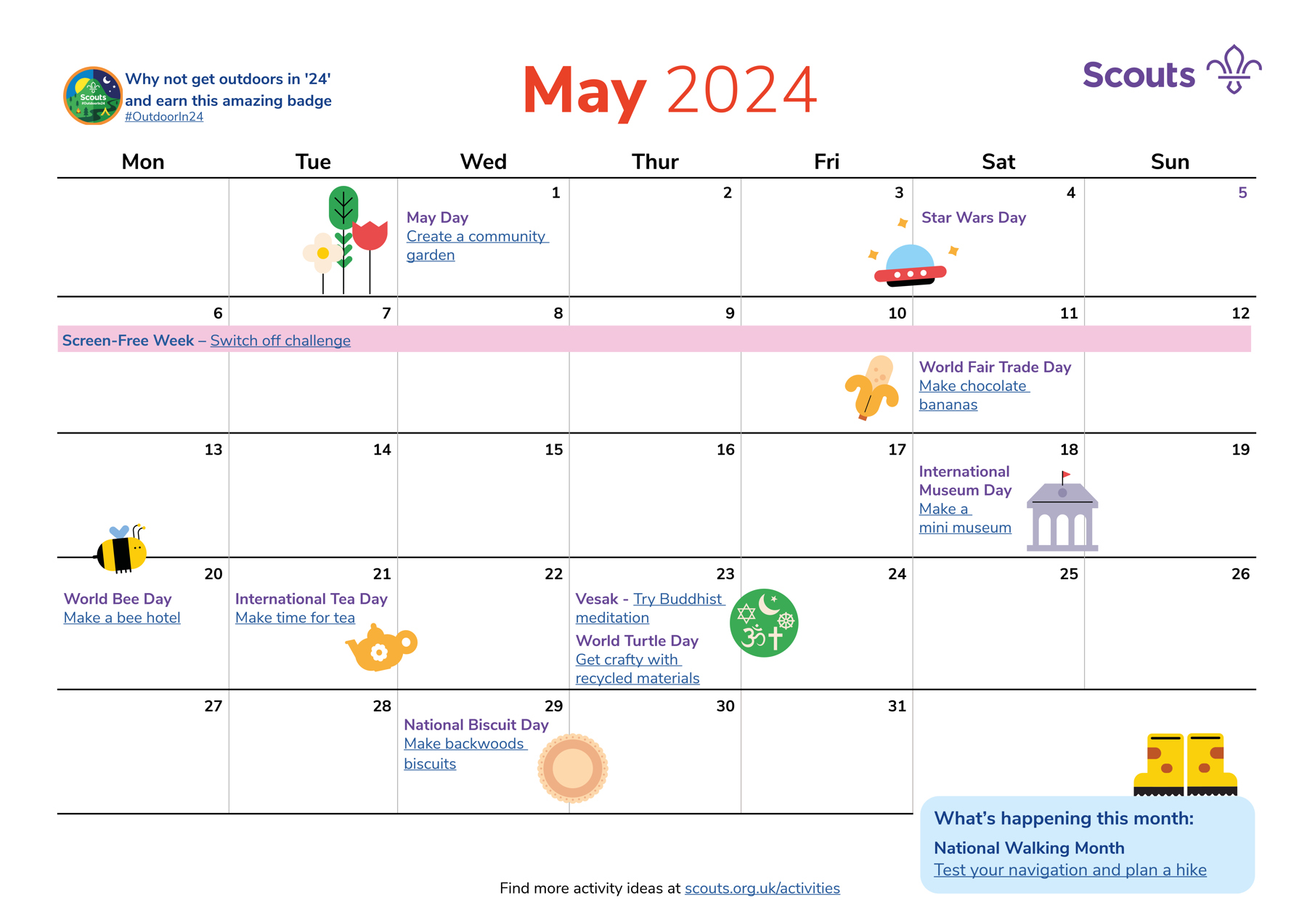 Illustrated calendar for May 2024 in grid format