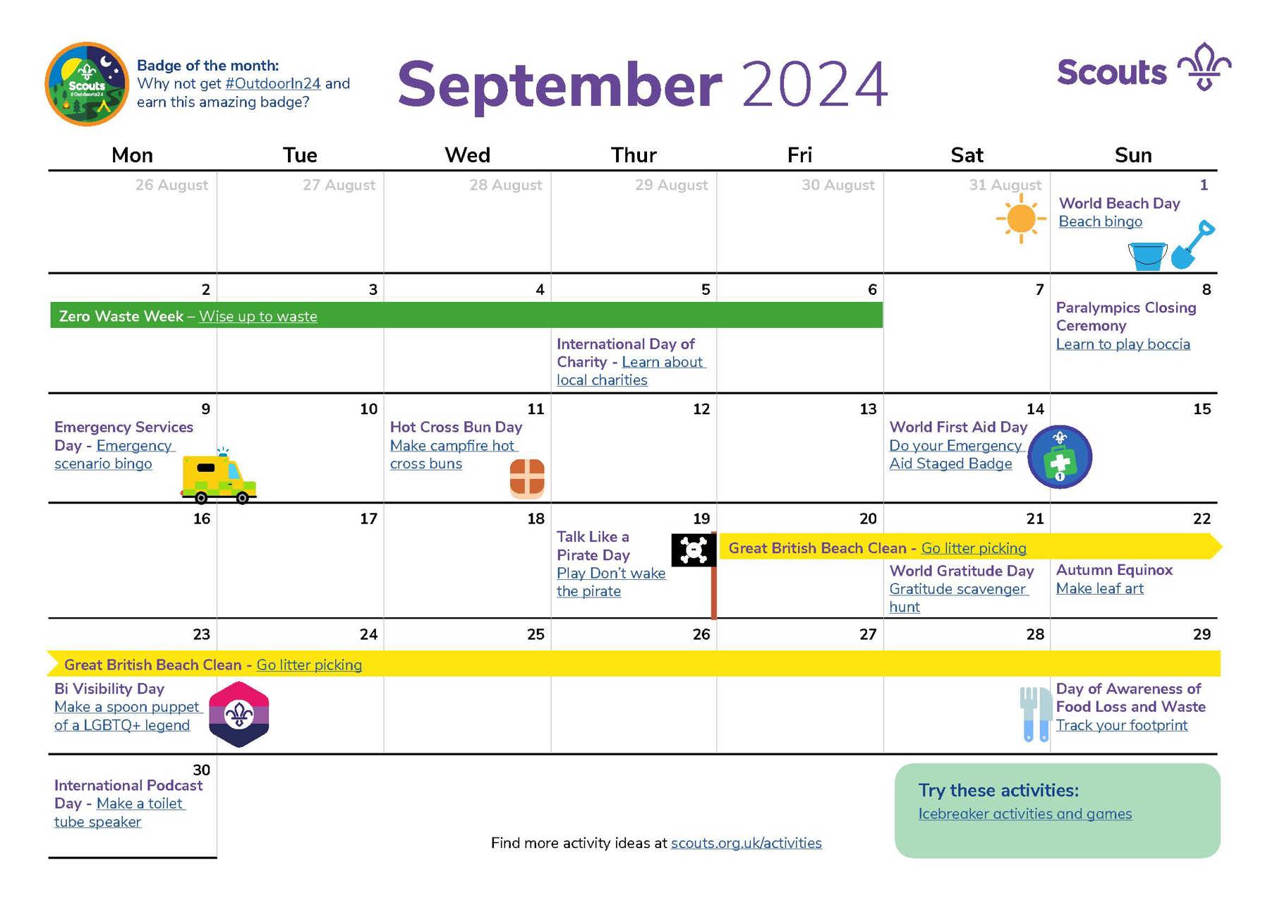 Illustrated calendar for September 2024 in grid format