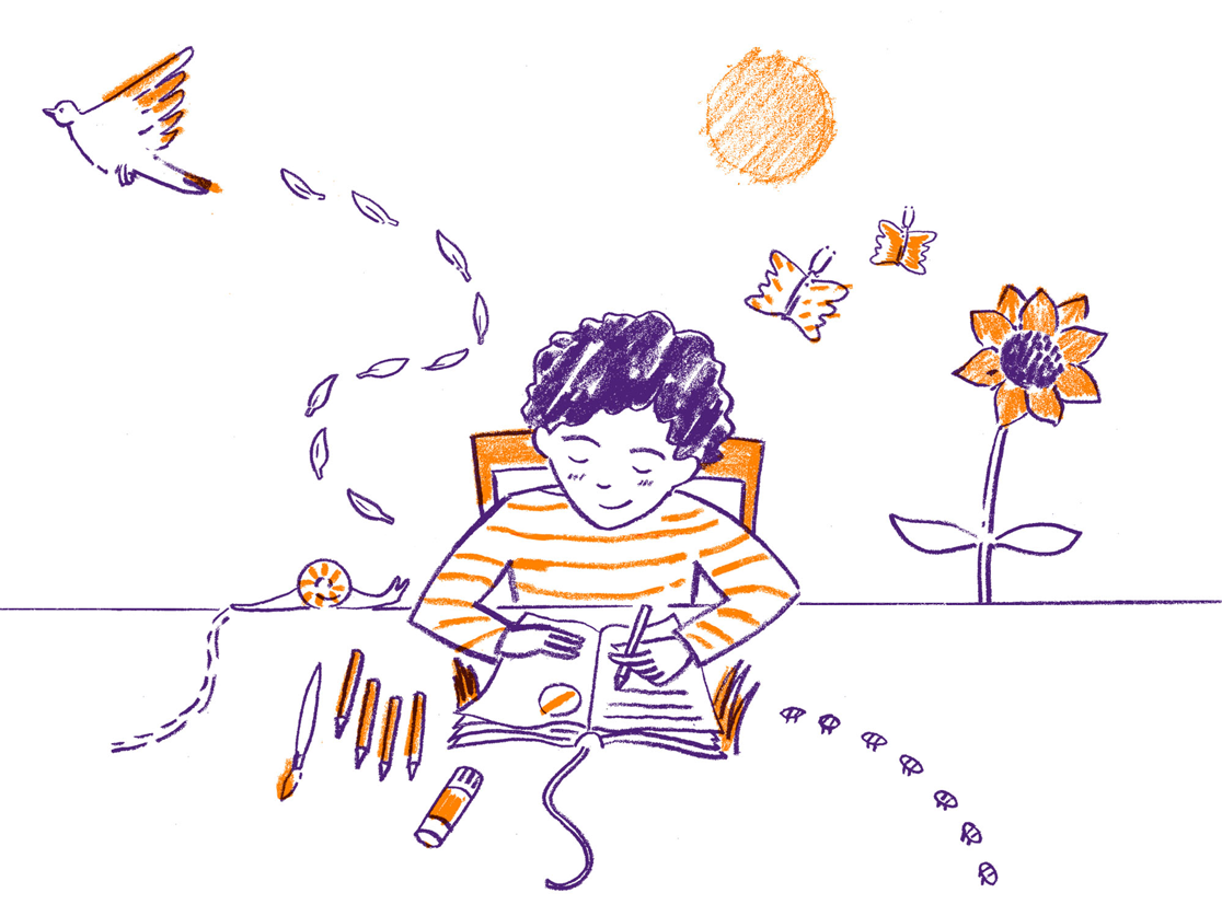 The image shows an illustration of a person sitting in a chair and drawing on a piece of paper. There's a bird in the air behind their chair, as well as a yellow sun in the sky, butterflies and a flower. There are pens next to the person sat in the chair and they are looking down at their drawing.