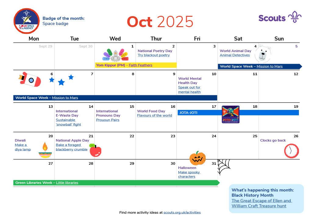 Illustrated calendar for October 2025 in grid format