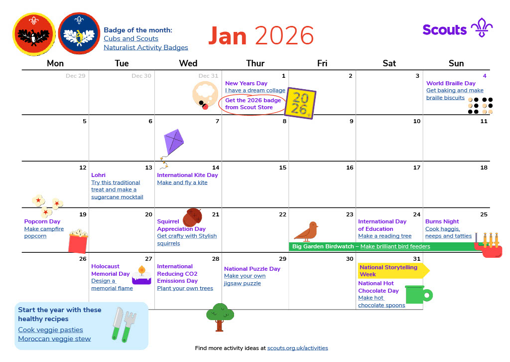 Illustrated calendar for January 2026 in grid format
